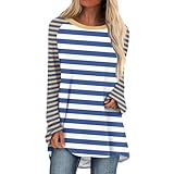 Sport Oberteile Damen, Laufshirt Damen Langarm Damen Langarmshirt T-Shirt Damen Langarm Oberteile Langarm Rundhalsausschnitt Basic Longshirt Oversized Tunika Blau-Weiß Gestreifte (Blue,M)