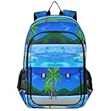 RPLIFE Schulrucksack für Mädchen und Jungen, Büchertaschen, Grundschulrucksack für Kinder, Tropische Palmen, Blau, Einheitsgröße