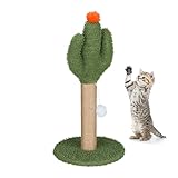 Relaxdays Kratzsäule für Katzen, Kaktus, HxD: 59x31 cm, Kratzstamm mit Bommel, Leinen-Seil, interaktiver Kratzbaum, bunt