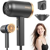 Ionen Föhn mit Diffusor-DEWILY 1800W Schnelltrocknen Fön mit Kalt/Heißtaste, Thermostatischer Diffusor Föhn, 3 Temperaturen, 2 Geschwindigkeiten, Haarfön mit Konzentrator, Locken Fön(Schwarz+Gold)