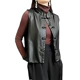 Damen Lederwesten Kurz Chinesischer Stil Jacken Ärmellos Slim Fit Knopf V-Ausschnitt Frühling Westen, Schwarz , S