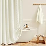 BTTN 182 x 182 cm Duschvorhang, Beige Boho Farmhouse Gepolsterte Chevron-Streifen Badvorhang mit Quasten, Bohemian Vintage Wasserdichter Gewichteter Deko Rüschen-Duschvorhang-Set mit 12 Haken, Creme