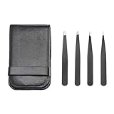 Amazon Basics Pinzetten-Set, professionell, Edelstahl, für Gesichtshaar, Wimpern, Augenbrauen, eingewachsene Haare, mit Reiseetui, schwarz, 4Stück (Früher Marke AmazonCommercial)