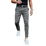 Herren Karierte Anzughose Klassische Slim Fit Chino Business Stretch Skinny Tapered Anzughose Bequeme Freizeithose(Gray,S)