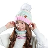 Generisch Damen Winterset aus Mütze und Loop-Schal - Zweiteiliges Strick-Set mit Bommel und Farbverlauf | Warmes Zubehör für kalte Tage