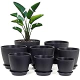 Homeuouz 8 Packs Blumentopf mit Untersetzer, 19/17.5/16.5/16/14/13/11.5/10cm Pflanzentopf, Plastik Übertopf, Hydrokultur Topf, Blumentöpfe Set Ideal für Innen und Balkongärten,Schwarz