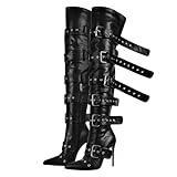 onlymakerheels Riemen mit mehreren Schnallen, spitzer Zehenbereich, Stiletto-Absatz, oberschenkelhoch, Schwarz, 38.5 EU