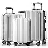 ABISTAB Reisekoffer Set 3-teilig, Hartschalen Koffer & Trolleys mit 4 Rollen, Zahlenschloss, Handgepäck & große Koffer, Silber