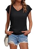 Suncife Damen-T-Shirt, Sommer, lockere Passform, Flügelärmel, V-Ausschnitt, T-Shirt, Schwarz, S