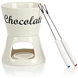 com-four® 4-teiliges Schokoladenfondue-Set - Keramikschale mit 2 Gabeln für 2 Personen mit Teelichthalter - Keramik-Fondue (weiß-Schriftzug)