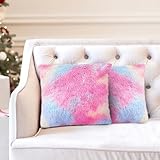 2er Set Künstlich Pelz Kuschelkissen, Kunstfell Kissen, Plüschkissen Kissenhülle mit Flauschig, für Sofa, Stuhl, Wohnzimmer (Regenbogen, 45 x 45cm)…