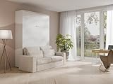 Vente-unique-Schrankbett + Sofa + Matratze - 140 x 200 cm - Manuelle vertikale Öffnung - Mit LED-Beleuchtung - Weiß - RAPILI