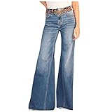 Jeanshose Taschen Reitjeans Denim Hose Midi Taille Jeans Button down Flare Ruffle Plissee Denim Jeans Weites Bein Freizeithose Wide Leg Lockere Passform Damenjeans Jeggings Damen Stretch (Blue, L)