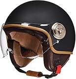 BYOUQ Motorradhelm mit Visier, Vintage-Retro-Stil, ECE-geprüft, Schwarz, für Kinder, Jugendliche, Männer, Frauen, 54-61CM