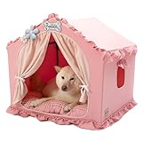 Jiupety Hundehöhle Hundehütte Indoor mit Rahmen, Waschbare, Zusammenklappbare Hundezelt, Hundehaus für Drinnen, Belüftbares Hundebett mit Dach für 9-18 kg, L Größe 64x64x64 cm, Pink