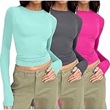 3-teiliges Fitness-Oberteil für Damen, einfarbig, langärmelig, Tunika, Top, lässig, Sport, athletisch, Fitness, Yoga, Stretch, schmale Passform, einfarbig, Rundhalsausschnitt, Pullover, 1 Marineblau,