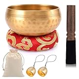Tibetische Klangschalen Set, 8,5 cm authentische Hand Tibetische Klangschalen für Meditation, Entspannung, Yoga, Meditationsschale Kit mit Kissen, Schlägel, Glocke, Klangheilschale Meditationsset für