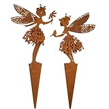 Gartenstecker Elfen- Feenstecker 2er Set - mit 3D-Flügeln in Rostoptik - Zauberhafte Balkon- und Garten-Deko - Feenfiguren mit Vogel - Blume