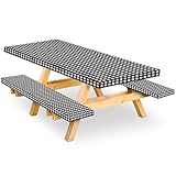 Picknicktischabdeckung mit Bankbezügen – 3-teilige Picknicktischabdeckung mit Gummiband und Flanell-Rückseite, Picknicktischabdeckung für Outdoor/Grillen/Camping (76,2 x 183,9 cm, schwarz)