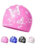 Badekappe für Damen – Weich, Elastisch, Anti-Rutsch, Stylisch, Komfortabel (Rosa Schmetterling)