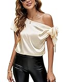 VIDUSSA Damen Bluse Elegant Sommer Schulterfrei Kurzarm Lässige Tops Seidig Satin Shirts Champagner M