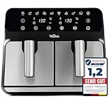 La Moustache - Heißluftfritteuse 8L mit 2 Separaten Körben, Ölfreie Fritteuse 1700W, 10 Programmen, Air Fryer Digital Control, Antihaftbeschichtete, Timer, Inkl. E-Book mit Rezepten (DuoFry Gray)