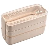 Daelesr Bento Box 900ml mit 3 Fächern, Brotdose Erwachsene & Kinder, Lunchbox mit Besteck, Vesperdose Brotbox Auslaufsicher, BPA-frei, Mikrowellengeeignet, Spülmaschinenfest, Meal Prep Box, Beige