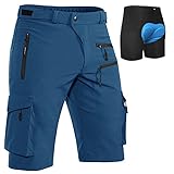 Hiauspor MTB-Hose-Herren-Kurz-Radhose-Fahrradhose-Herren Schnelltrocknend Mountainbike Hose Atmungsaktiv Radlerhose Wanderhose Cargo Trekking Bermuda für Outdoor (Indigo mit Unterwäsche, L)