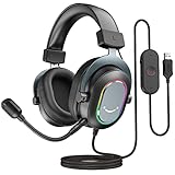 FIFINE Gaming Headset mit Mikrofon, Over Ear Kopfhörer mit Kabel, USB Headset für PC PS4 PS5, RGB Headphone mit 3 EQ-Modi, Surround Sound und Ohrpolster