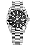 Alienwork Armbanduhr Herren Damen Silber Edelstahl Metallarmband Kalender Datum Schwarz Klassik Elegant
