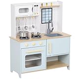 AIYAPLAY Kinderküche Spielküche mit Mikrowelle, Herd, Backofen und Küchenzubehör, Puppenküche mit Stauraum für 3+ Jahre Kinder, Blau