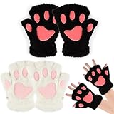 2 Paar Damen Fingerlose Handschuhe, Flauschige Katzenpfoten Handschuhe, Dick Warme Winterhandschuhe, Niedliche Plüsch Kätzchen Fäustlinge für Draußen, Cosplay (2, Schwarz/Weiß, Einheitsgröße)