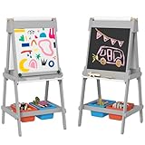AIYAPLAY 3-in-1 Kindertafel, doppelseitige Kinder Staffelei mit Kreidetafel, Whiteboard, Staffelei mit Radiergummi, Zeichenpapier, Aufbewahrungsboxen, für Kinder 3-8 Jahre, Grau