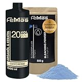 FemMas Blondierungspulver Set 500g & Entwickler 6 Prozent 1L I stark, staubfrei, mit Arganöl I Hair Bleach Kit für zuhause in Salonqualität I einfache, gleichmäßige Blondierung bis zu 7 Tonstufen