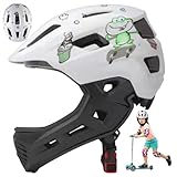 Jcasbdn Kinder Vollgesichtshelm, Verstellbarer Stoßdicht von Kindern Fahrradhelm mit schwangleuchten abnehmbaren atmungsaktiven Schutzausrüstung mit Kinnschutz für Skateboard, Roller, Weiß
