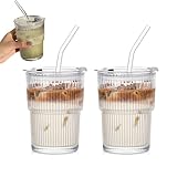 Lunpog Glasbecher mit Deckel und Strohhalm, geriffelte Glastasse, Eiskaffeegläser mit Strohhalmbürste, transparent, auslaufsicher, Becher für Smoothies, Eislatte, Matcha, kalte Getränke, 2 Stück