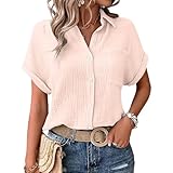 KILOXYEFRO Bluse Damen Musselin Bluse Damen Elegant Tuniken Sommer V-Ausschnitt Oberteile Kurzarm Leinenbluse Longbluse Oversized Hemdbluse Lässig Leinen Hemd 4XL