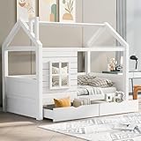 Hausbett Kinderbett Jugendbett 80*160 mit Rausfallschutz vielseitiges Holz Kinderbett für Jungen & Mädchen, Massivholz Kinder Bett mit Rausfallschutz Fenster und Lattenrost, Weiss (90*200cm)