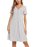 Marvmys Nachthemd Damen Baumwolle Schlafshirt mit durchgehende Knopfleiste Streife Kurzärmelig Nachtkleid Schlafhemd Nachtwäsche Umstands- Stillnachthemd Hellgrau L