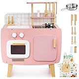 Mamabrum Retro Kinder SpielküChe aus Holz, 73cm KinderküChe mit Schürze, Backofen, Spüle & 9 Zubehörteile - Rosa Rollenspiel Set für Mädchen & Jungen