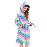 Weicher Bademantel mit Kapuze für Mädchen Fleece Morgenmantel Nachtwäsche Kinder (Regenbogen Punkte, 5-6 Jahre)