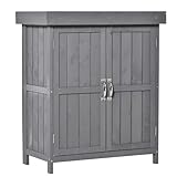 Outsunny Gartenschrank Tannenholz, Geräteschuppen wetterfest 74x43x88cm, Gerätehaus mit Doppeltür, 2 Fächern, Geräteschrank, Gartenhaus Werkzeugschrank Gartenschuppen für Garten, Terrasse, Dunkelgrau