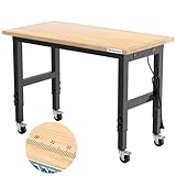LARBANKE 120CM Schwerlast-Werkbank für die Garage,Gummi Holz Werkbank hat einstellbare 5 Verschiedene Höhen,Hartholz Arbeitstisch Gewicht Kapazität über 900KG,für Werkstatt,Garage, Büro,Haus