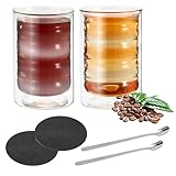 2er Set Doppelwandige Latte Macchiato Gläser,350ml,Doppelwandig Kaffeeglas, Borosilikatglas Kaffeetassen Glas Mit Zwei Löffeln und Zwei Untersetzern für Cappuccino, Latte, Blütentee, Milchshakes
