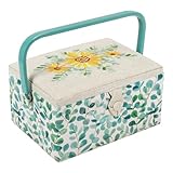 Hobby Gift Exclusive Mittelgroße Nähhandwerk-Bastel-Aufbewahrungsbox, Zubehörablage, Nadelkissen, Tasche, PVC-Griff, bestickter Deckel, 18,5 x 25,5 x 14,5 cm, Eukalyptus