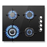 SNDOAS Gaskochfeld 4 Flammig, 60cm Glas Gasherd mit Automatischer Flammenschutz, Erdgas und Propangas, Einbau oder Freistehend, 8000W, 220-240V