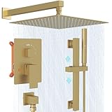 Hoimpro Duschsystem mit Verstellbarer Schiebestange, 30,5 cm quadratischer Duschkopf und Wandstange, 2 in 1 Duschkopf für Badezimmer, Gebürstetes Gold