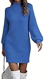 ELFIN Strickkleid Damen Rollkragen Langer Pullover Puff Ärmel Winter Pulloverkleid Freizeitkleid Langarm Strick Kleider Minikleid (M, Blau)