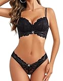 Avidlove Damen Dessous Set Sexy Spitze Unterwäsche Bügel-BH Verstellbare Spaghettiträger Babydoll Reizwäsche Lingerie Set Mit Push up BH Und Slip Schwarz S