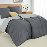 Duvetnova Bettwäsche 135x200 4teilig Grau/Hellgrau Bettwäsche-Sets Microfaser ÖKO-TEX Wendebettwäsche 135 x 200 4tlg, weich & bügelfrei 2 Bettbezug 135 x 200 + 2 Kissenbezüge 80x80 mit Reißverschluss